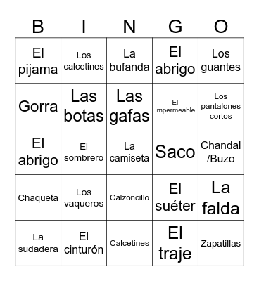 La ropa Bingo Card