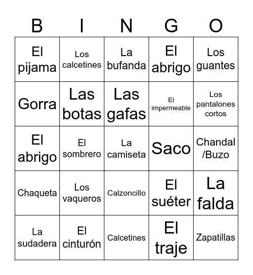 La ropa Bingo Card