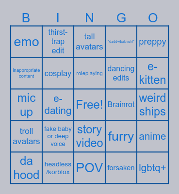 Roblox Cringe Bingo Card