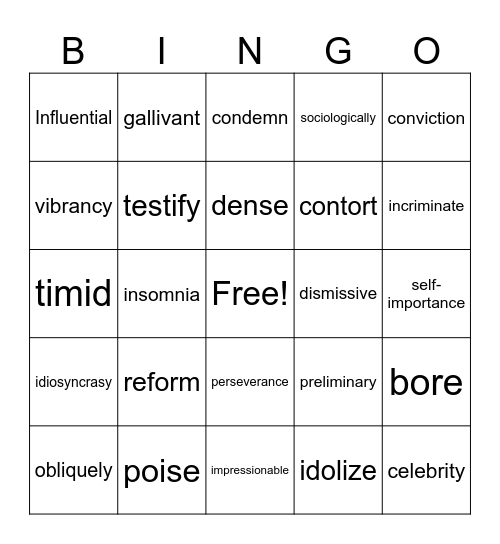 Vocabulary Review Bingo Card