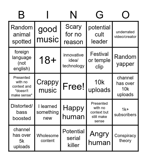 Youtube 0-views Bingo Card