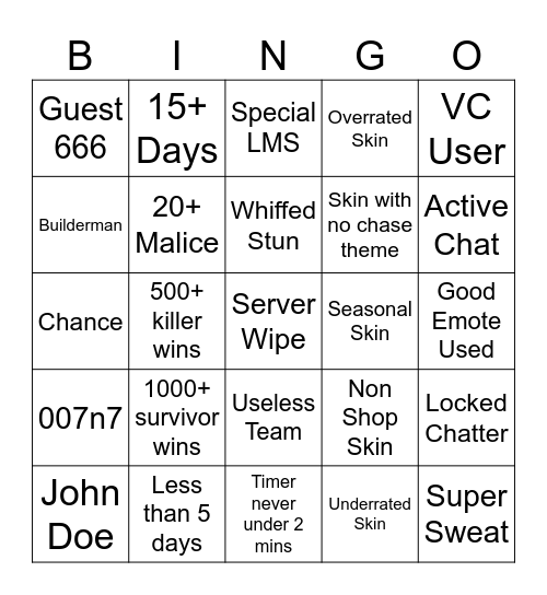 Forsaken Bingo Card