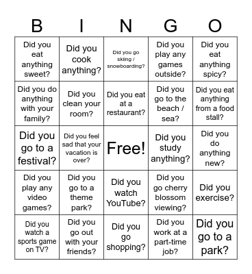 Did You....? Spring Break Bingo Card