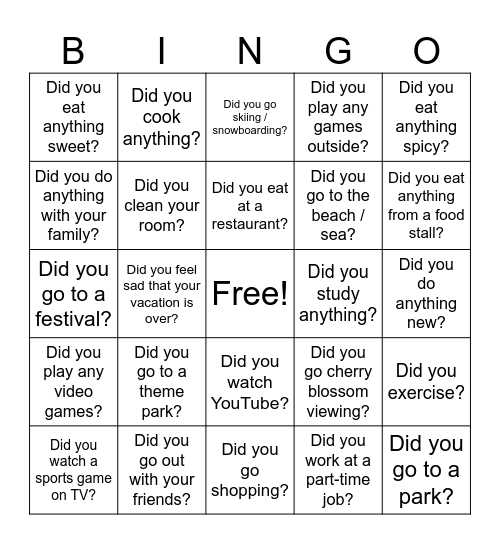 Did You....? Spring Break Bingo Card
