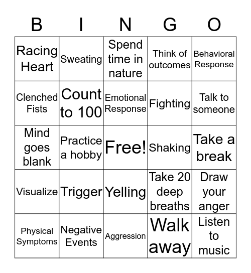 Anger Management  Bingo Card