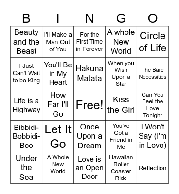 Disney Songs Bingo Card