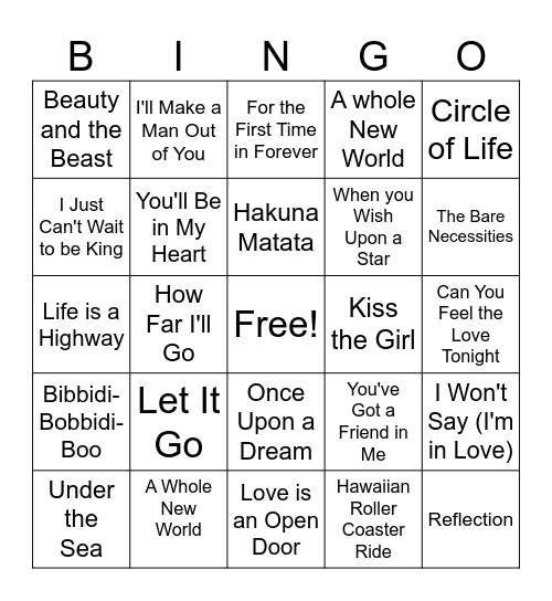 Disney Songs Bingo Card