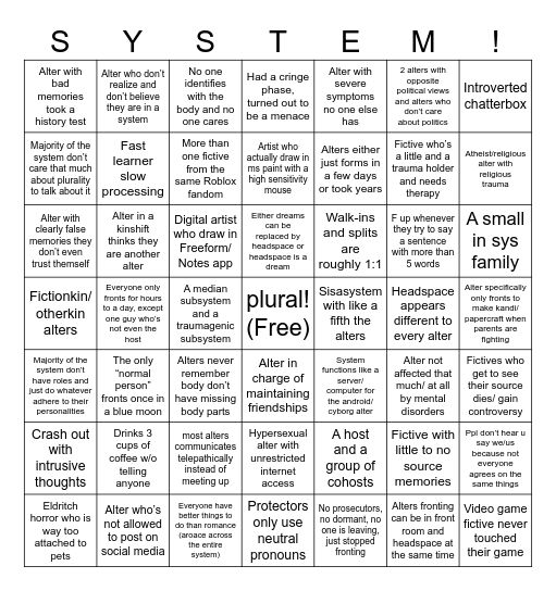 VERY specific Plural / system things about us Bingo Card