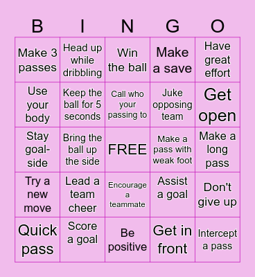 U9 Girls Soccer Bingo Card