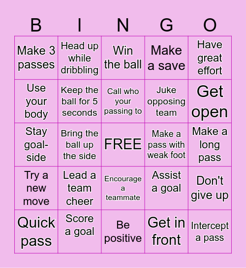 U9 Girls Soccer Bingo Card