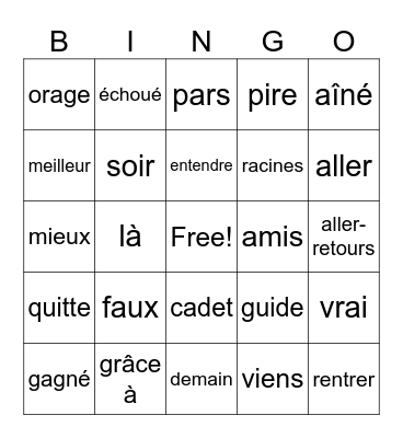Vocabulaire de la semaine Bingo Card
