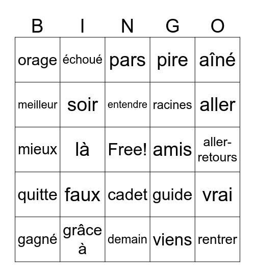 Vocabulaire de la semaine Bingo Card