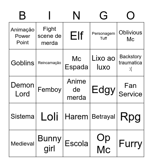 Mega bingo do anime gostosão Bingo Card