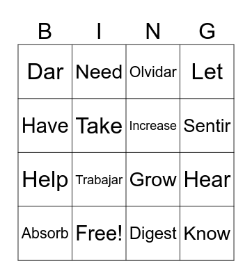 Verb Bingo Card