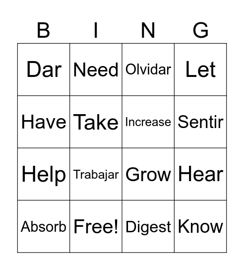 Verb Bingo Card