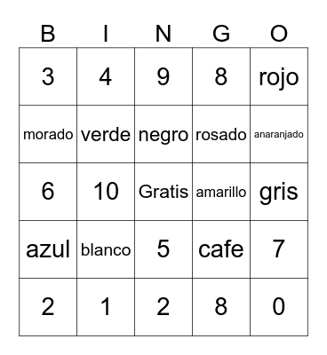 colores y numeros Bingo Card