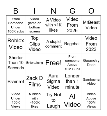 Youtube Shorts Challenge Bingo Card