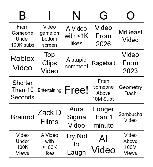Youtube Shorts Challenge Bingo Card