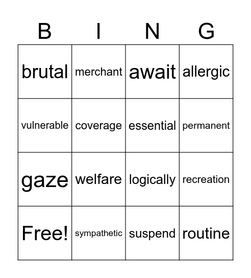 p. 16 Vocabulary Bingo Card
