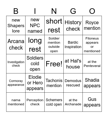 A Bird In The Ambush [Critical Role 2.22] Bingo Card