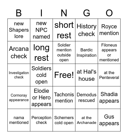 A Bird In The Ambush [Critical Role 2.22] Bingo Card
