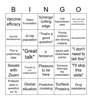 Malaria Friday Bingo Card
