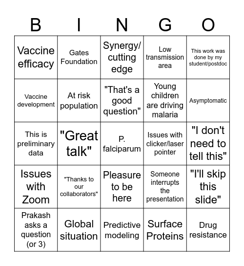 Malaria Friday Bingo Card