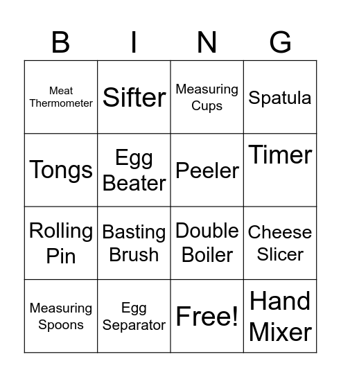 Kitchen Bingo Card