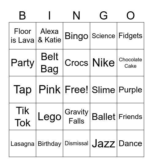 Izzy's Birthday Bingo Card