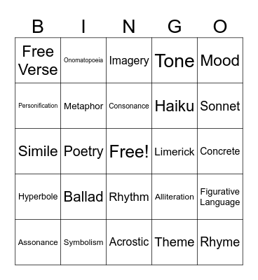 Poetry Bingo Card
