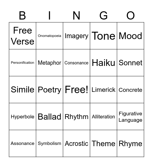 Poetry Bingo Card