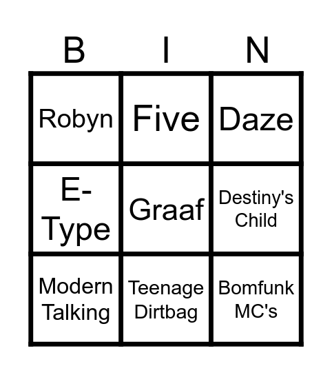 90-tals Musik Bingo Card