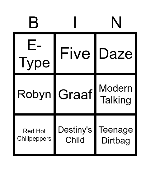 90-tals Musik Bingo Card