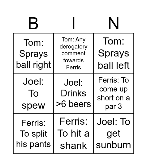 Duggan: Golf Bingo Card