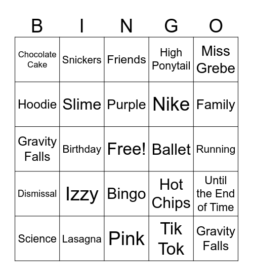 Izzy Birthday Bingo Card