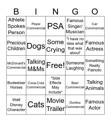 Super Bowl Commercials  Bingo Card