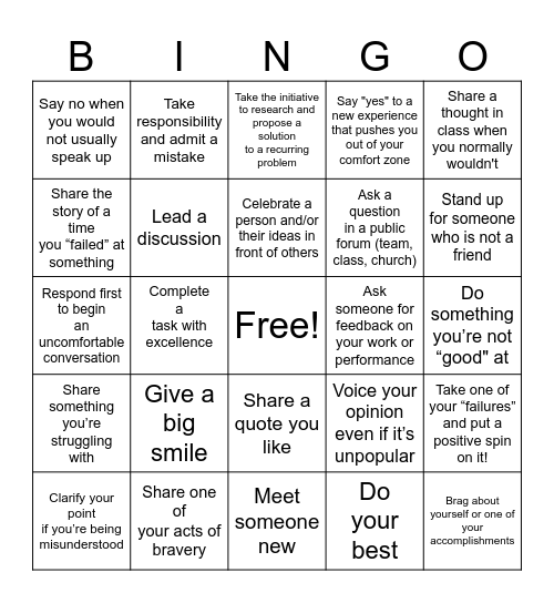 Facing Fears Bingo Card