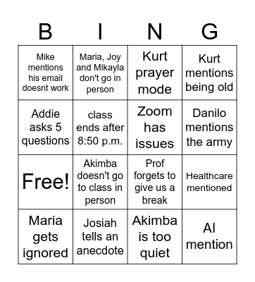 Class bingo Card