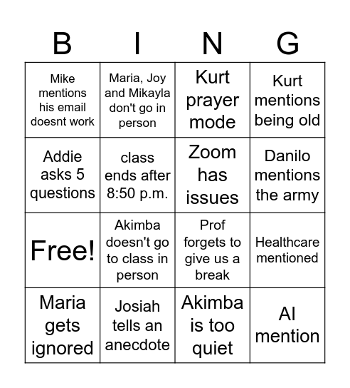 Class bingo Card