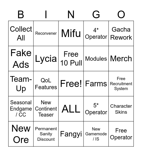 Endfield Program Bingo Card