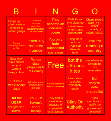 Marxist-Leninist Argument bingo Card