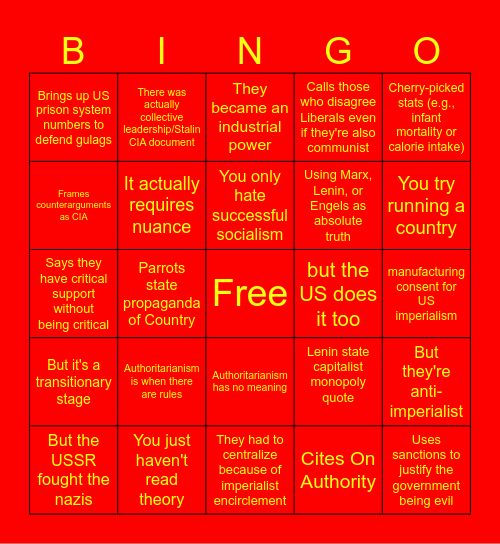 Marxist-Leninist Argument bingo Card