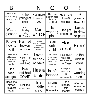 DEW Ice Breaker Bingo Card