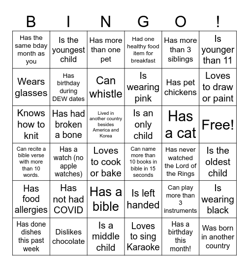 DEW Ice Breaker Bingo Card