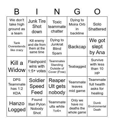 Overwatch Nightlies Bingo Card