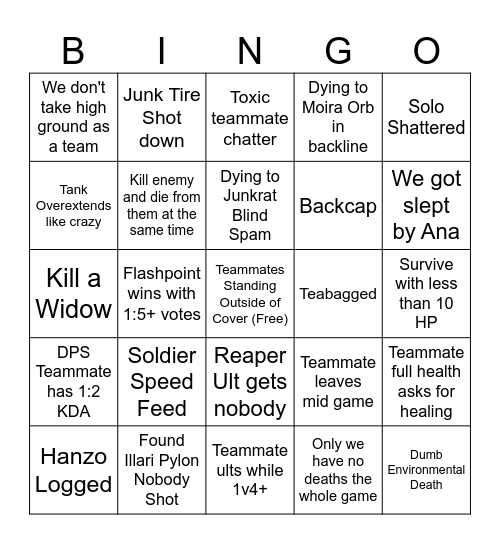 Overwatch Nightlies Bingo Card