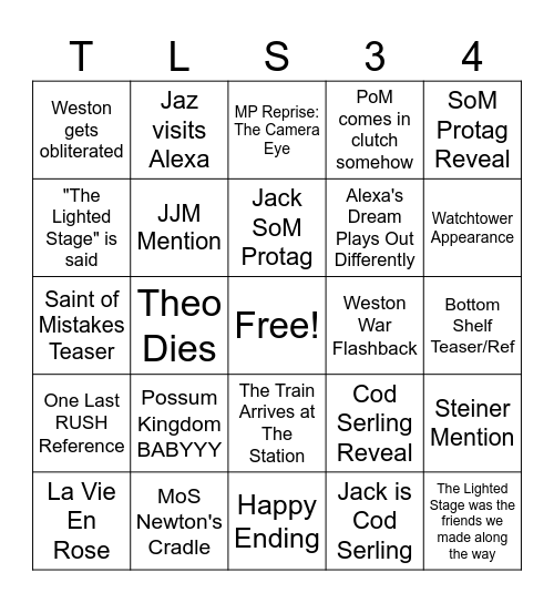 The Lighted State Final Chapter Bingo Card