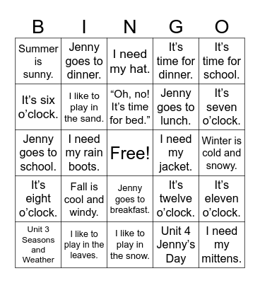 50-word Reading Unit 3, 4 Bingo Card