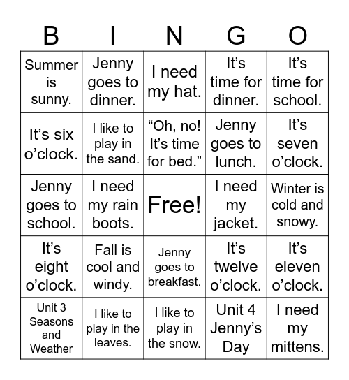 50-word Reading Unit 3, 4 Bingo Card