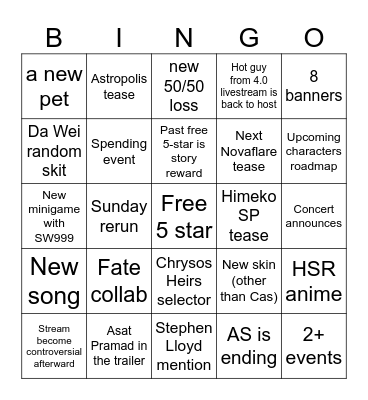 HSR 4.2 Stream Bingo Card